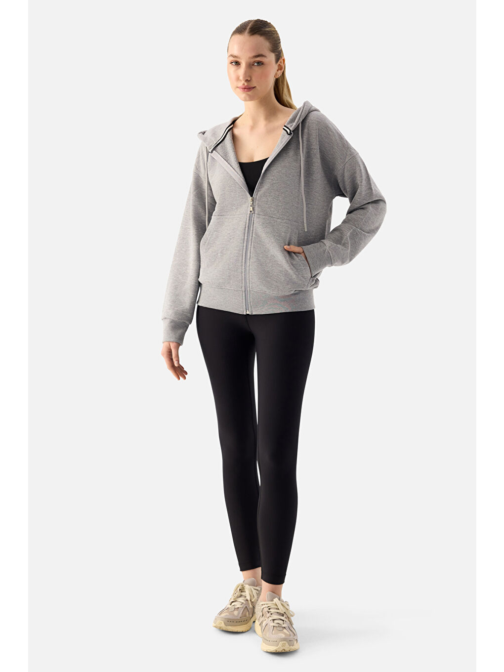 Luna Fermuarlı Kapüşonlu Gri Melanj Sweatshirt-6