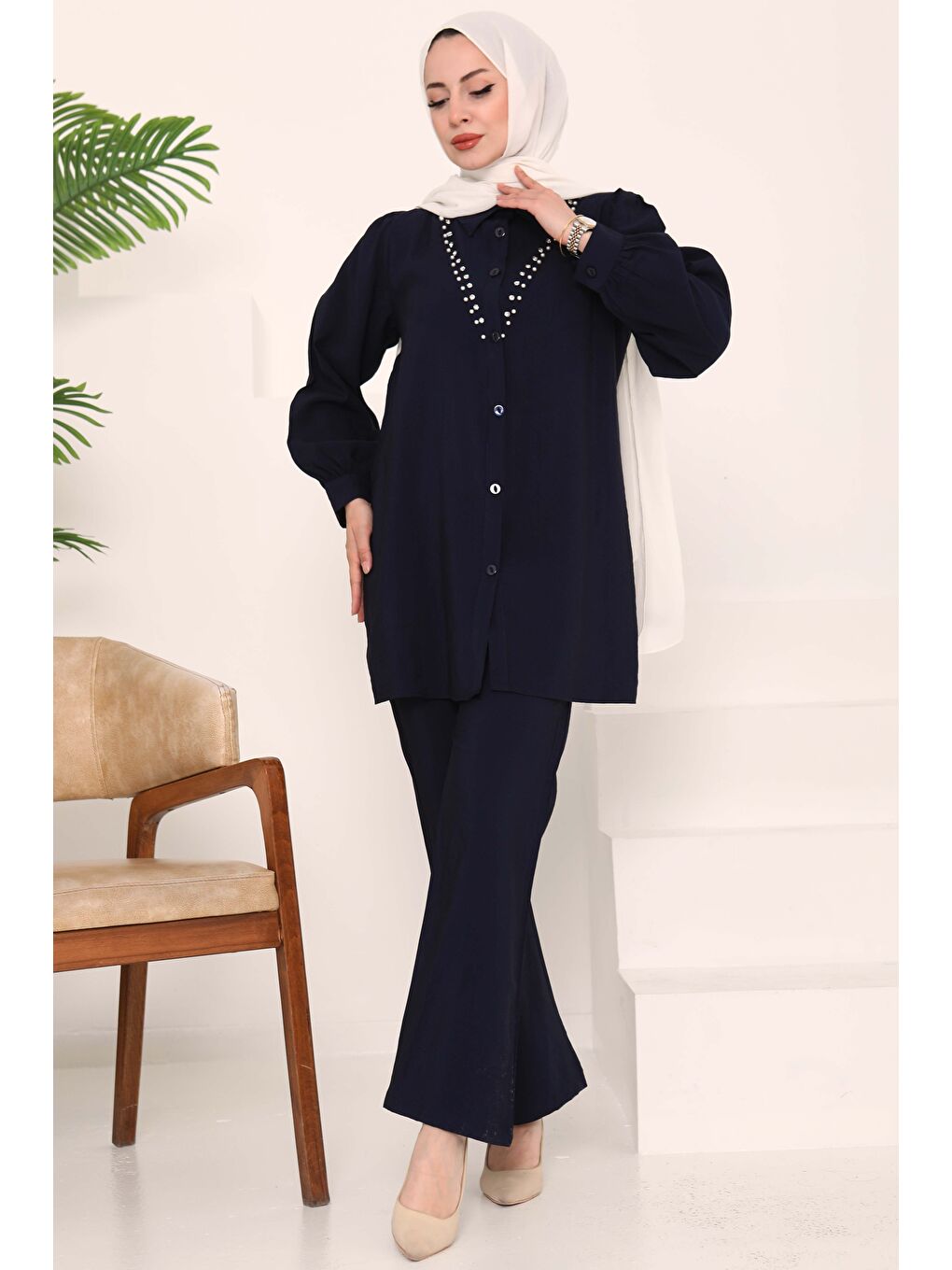 Modal Taşlı İkili Takım Lacivert - 27019-2