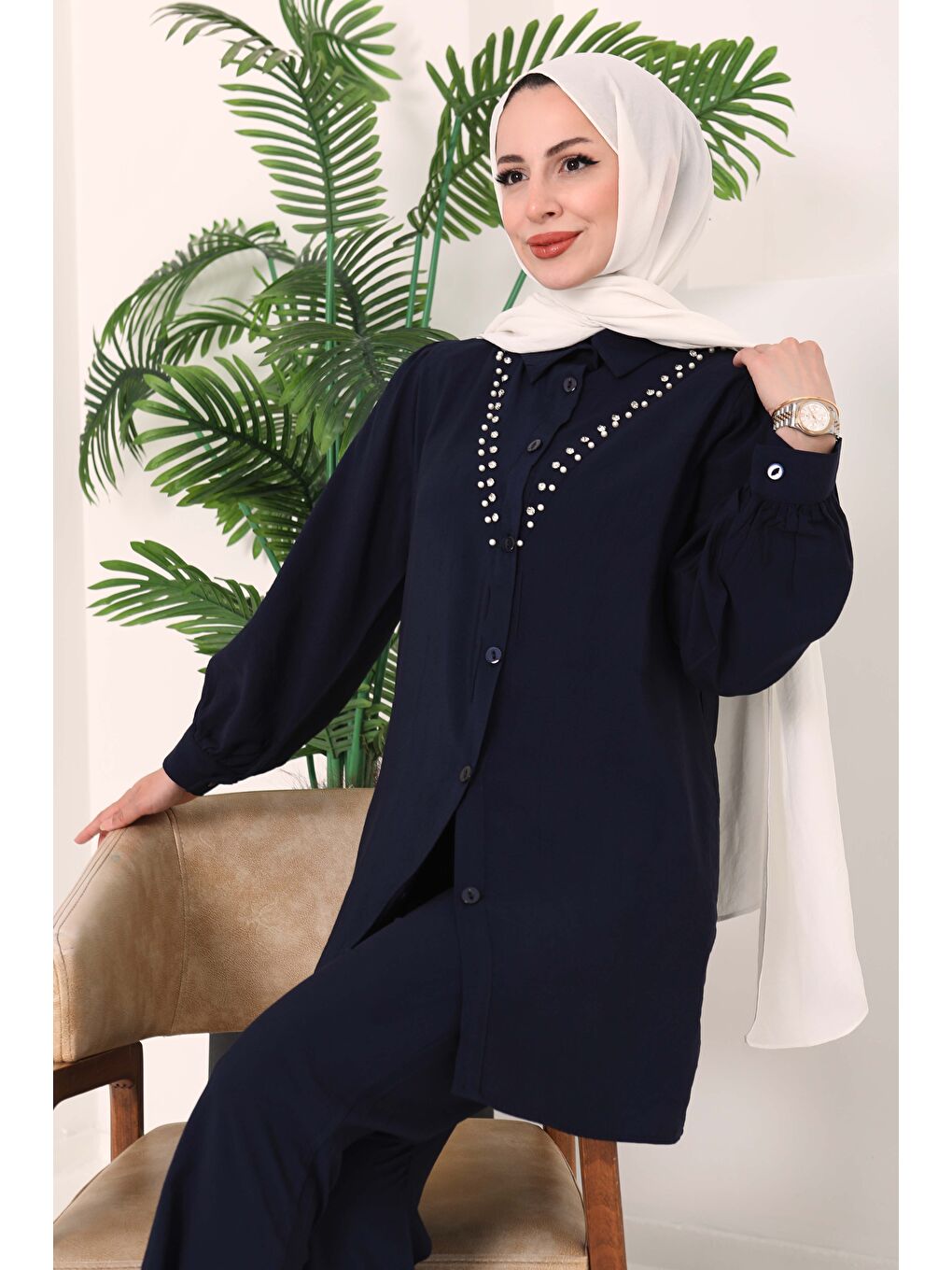 Modal Taşlı İkili Takım Lacivert - 27019-3