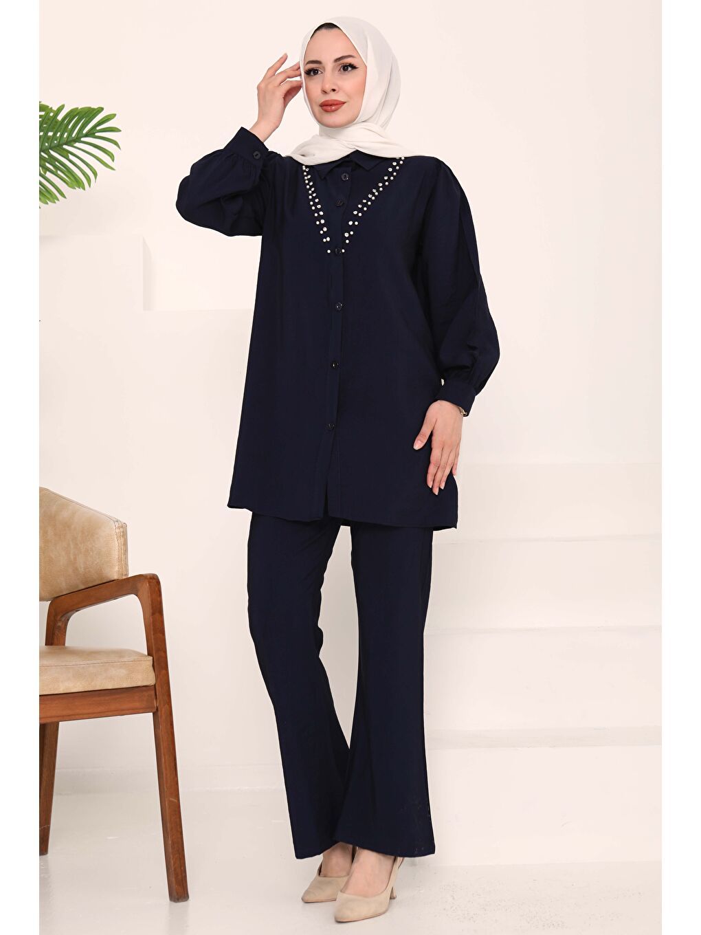 Modal Taşlı İkili Takım Lacivert - 27019-4