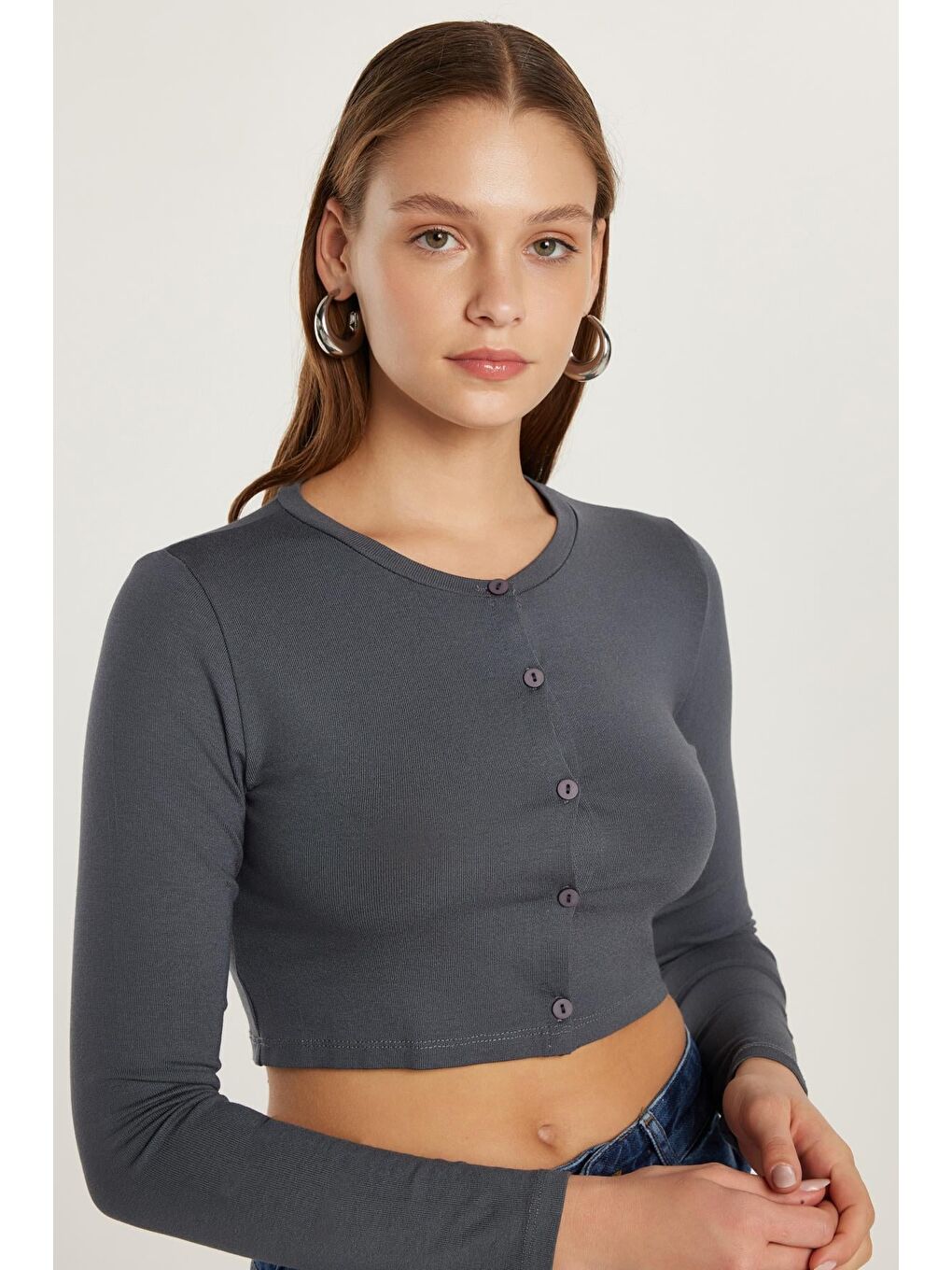 Kadın Slim Fit Dar Kesim Uzun Kollu Bisiklet Yaka Antrasit Hırka