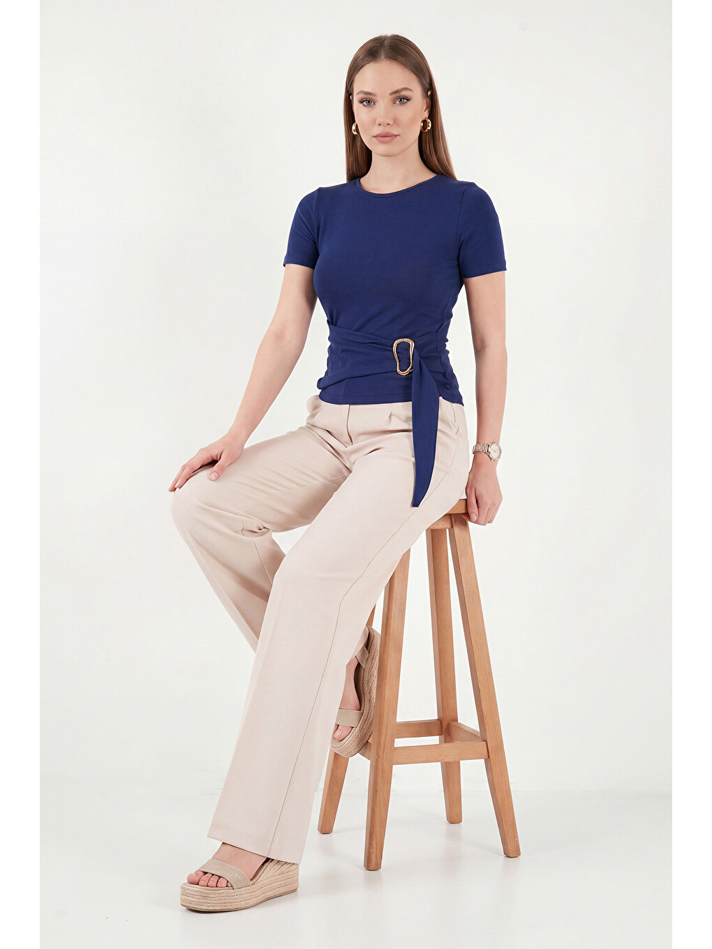 Lacivert Toka Detaylı Fitted Fit Kayık Yaka Bluz 5862707-5
