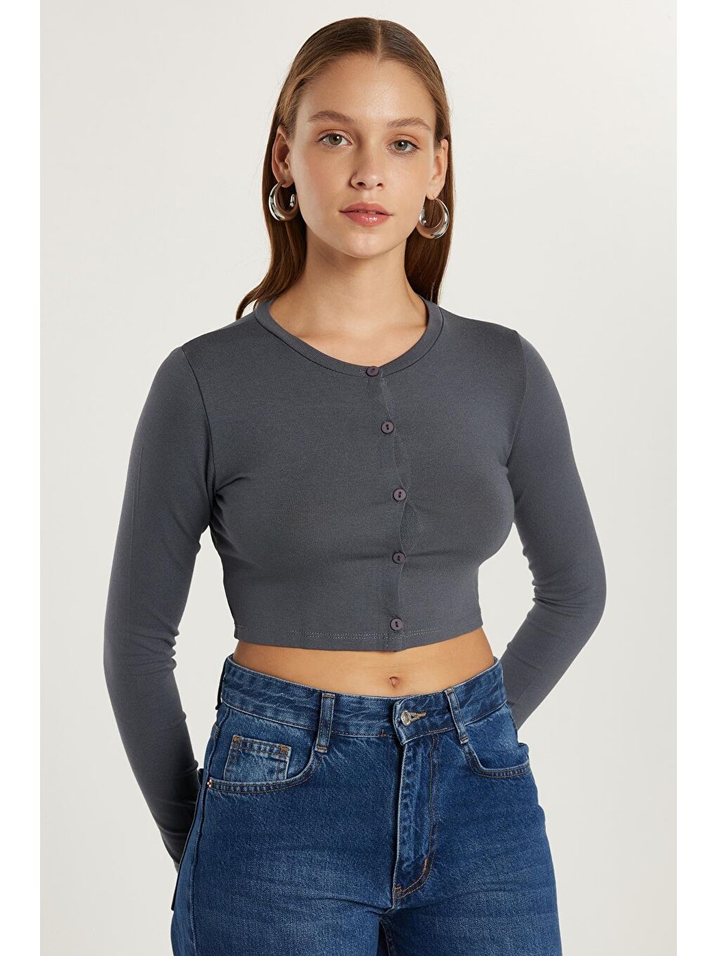 Kadın Slim Fit Dar Kesim Uzun Kollu Bisiklet Yaka Antrasit Hırka-1