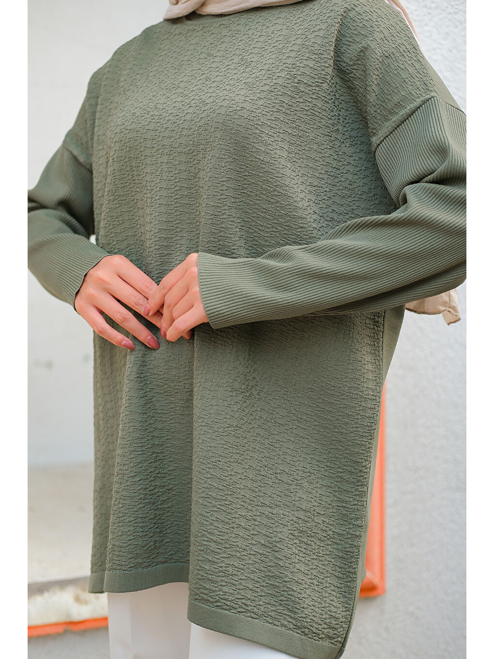 Kadın Kendinden Desenli Tunik Haki Yeşil-4