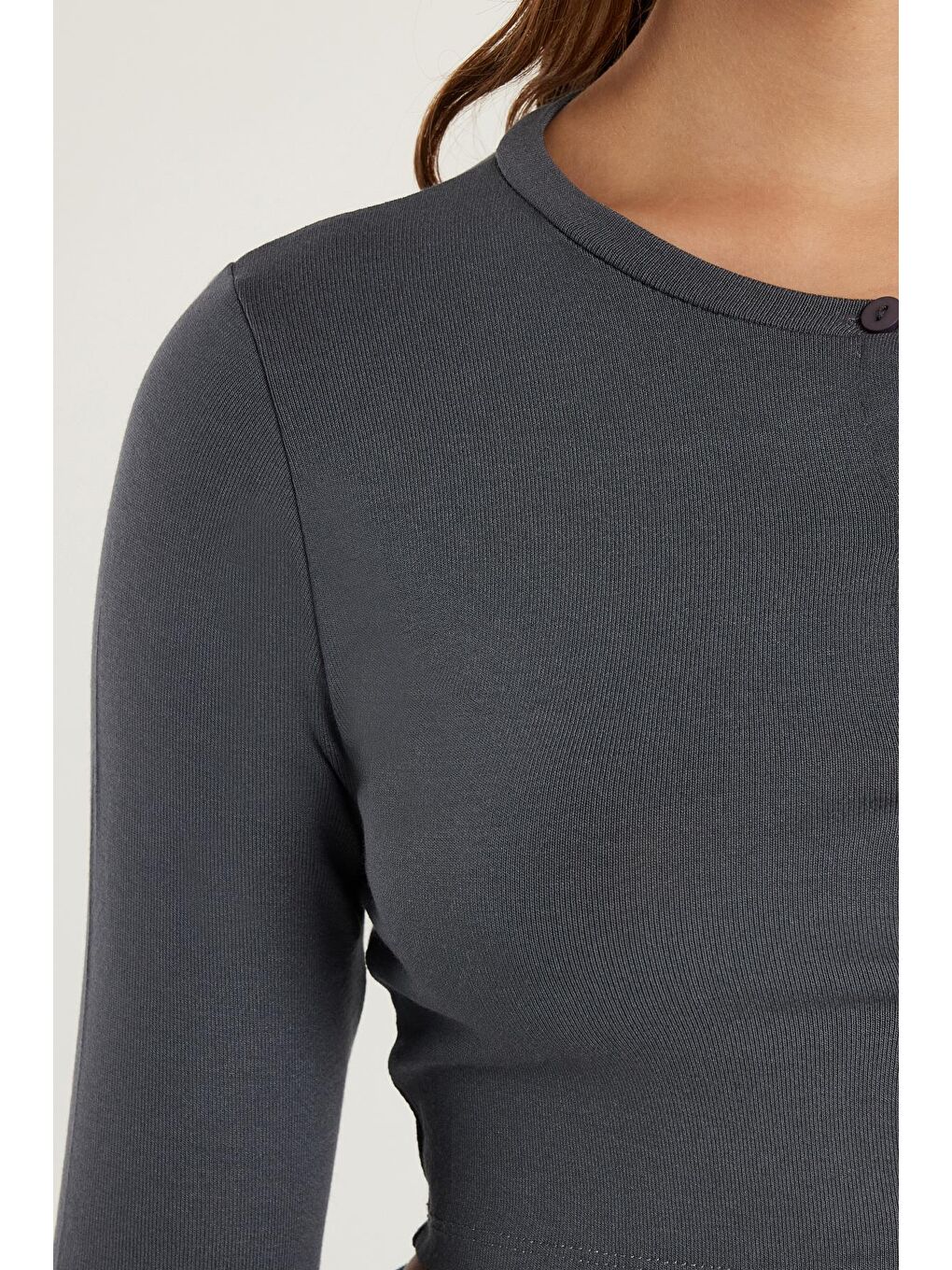 Kadın Slim Fit Dar Kesim Uzun Kollu Bisiklet Yaka Antrasit Hırka-2