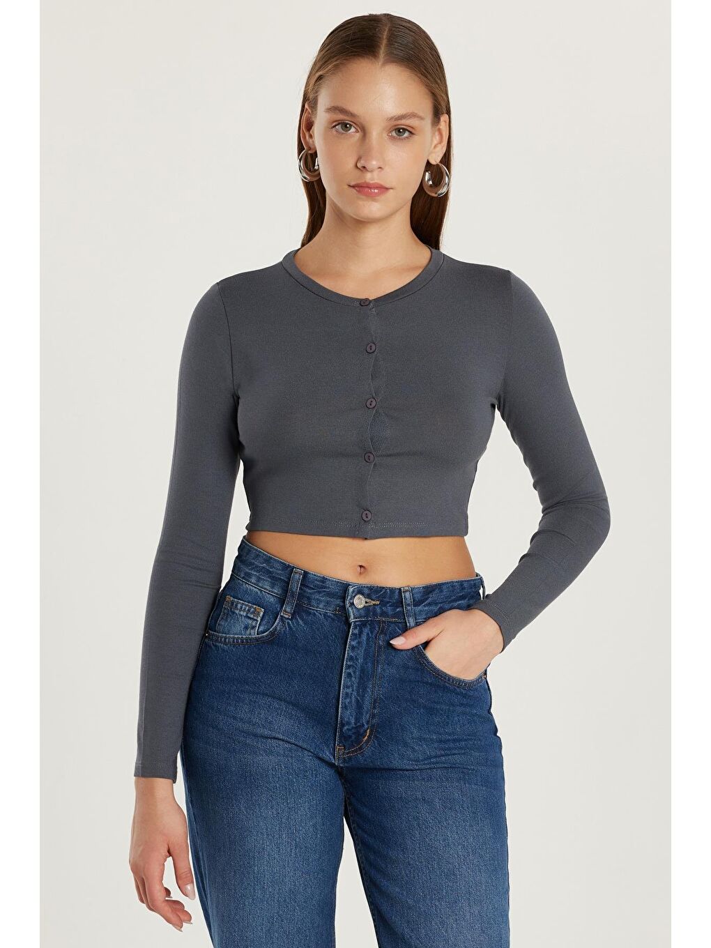 Kadın Slim Fit Dar Kesim Uzun Kollu Bisiklet Yaka Antrasit Hırka-3