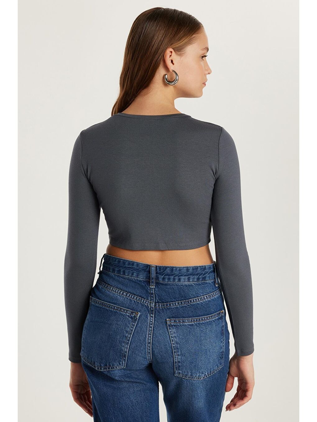 Kadın Slim Fit Dar Kesim Uzun Kollu Bisiklet Yaka Antrasit Hırka-4