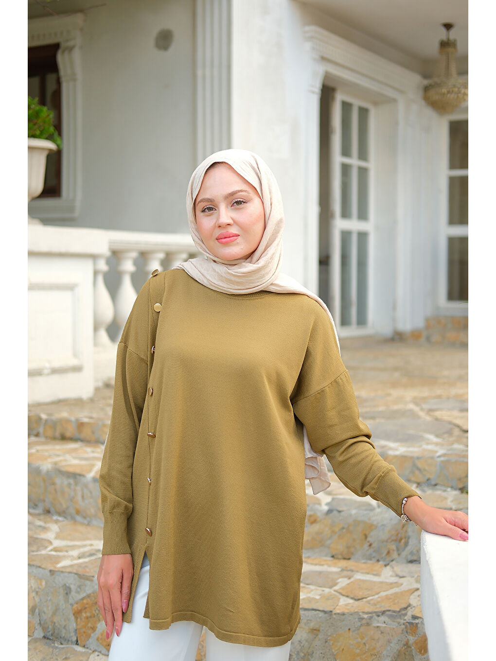 Kadın Ön Düğme Detay Tunik Koyu Yeşil-1