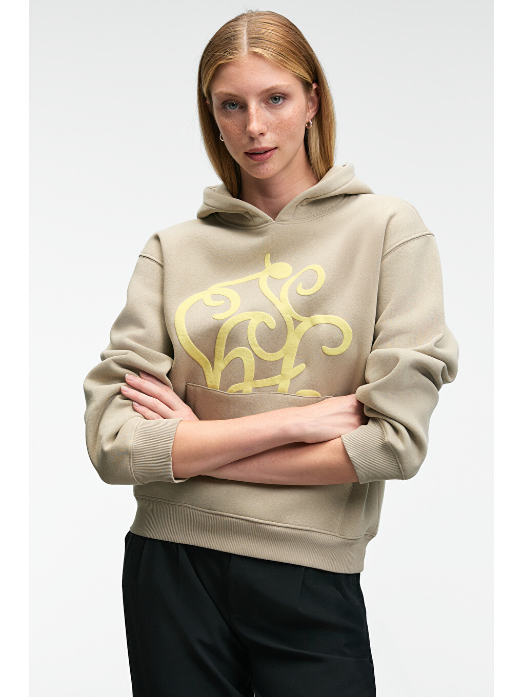 Bej Lıoraen Kadın Baskılı Relaxed Kanguru Cepli Kapüşonlu Taş Sweatshirt-2