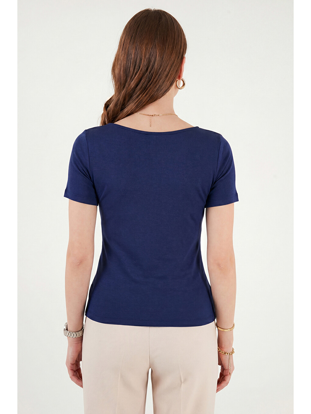 Lacivert Toka Detaylı Fitted Fit Kayık Yaka Bluz 5862707-6