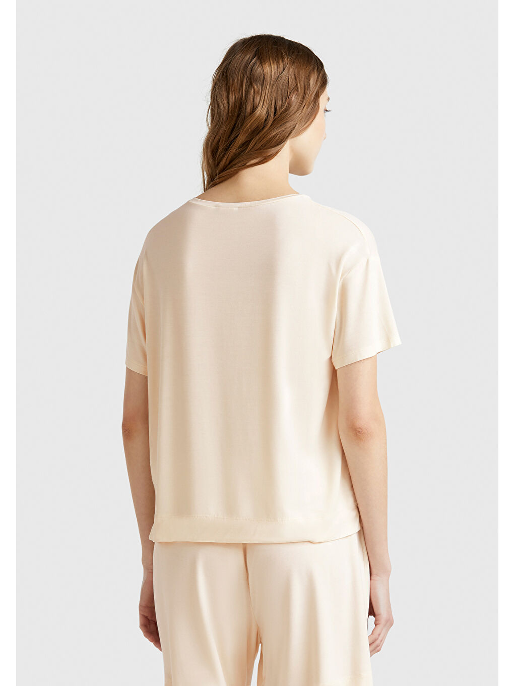 Kadın Ekru Logo Baskılı Bisiklet Yaka T-Shirt-2