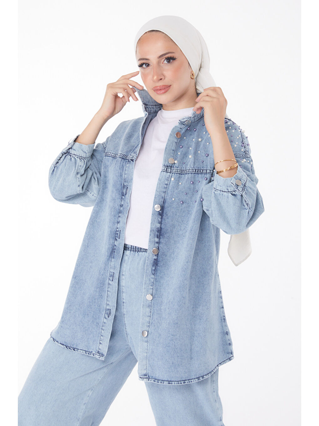 İnci Detaylı İkili Takım Buz Mavi   25362-2