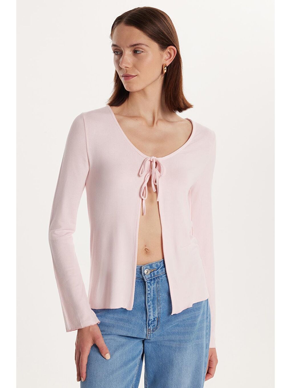 Kadın Regular Fit Uzun Kollu U Yaka Bağlama Detaylı Viskon Pembe Hırka-1