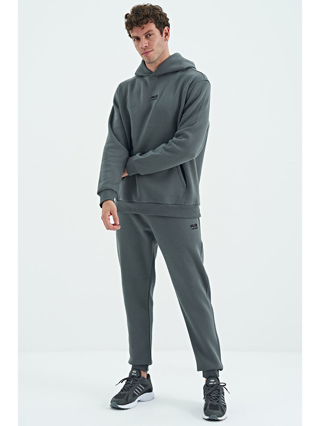 David Haki Kapüşonlu Rahat Kalıp Şardonlu Jogger Erkek Eşofman Takım - 85192-4