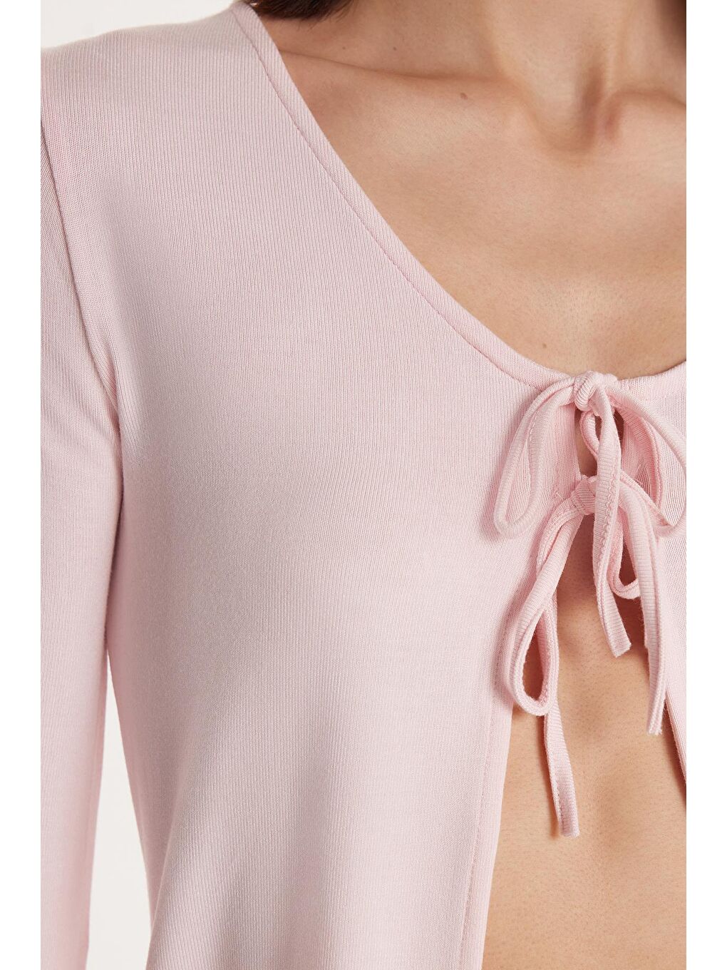 Kadın Regular Fit Uzun Kollu U Yaka Bağlama Detaylı Viskon Pembe Hırka-2