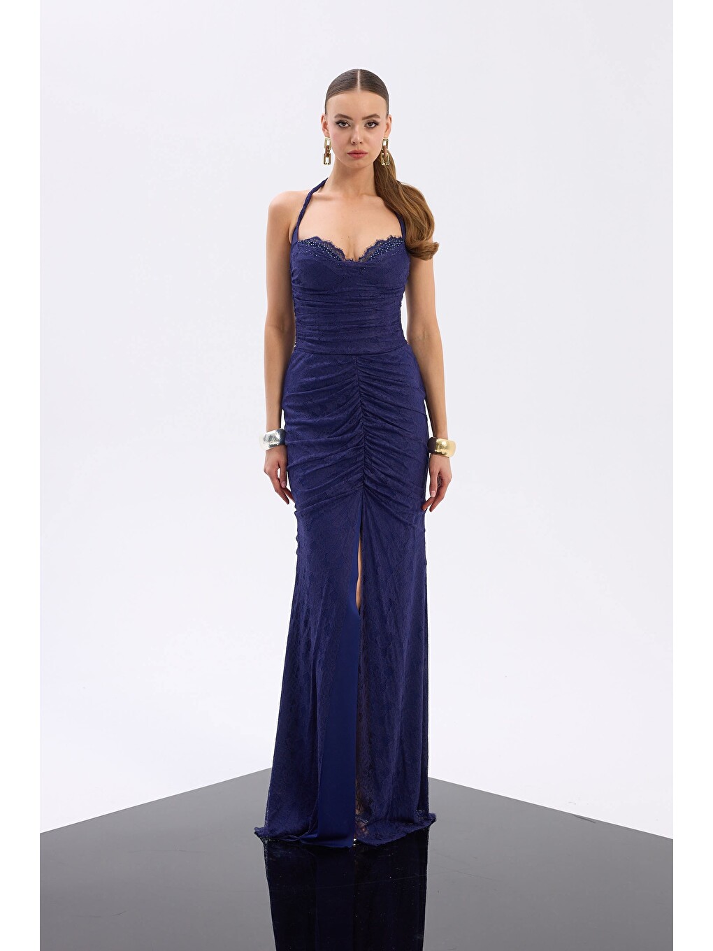 Lacivert Boyundan Bağlamalı Dantel Abiye Elbise-1