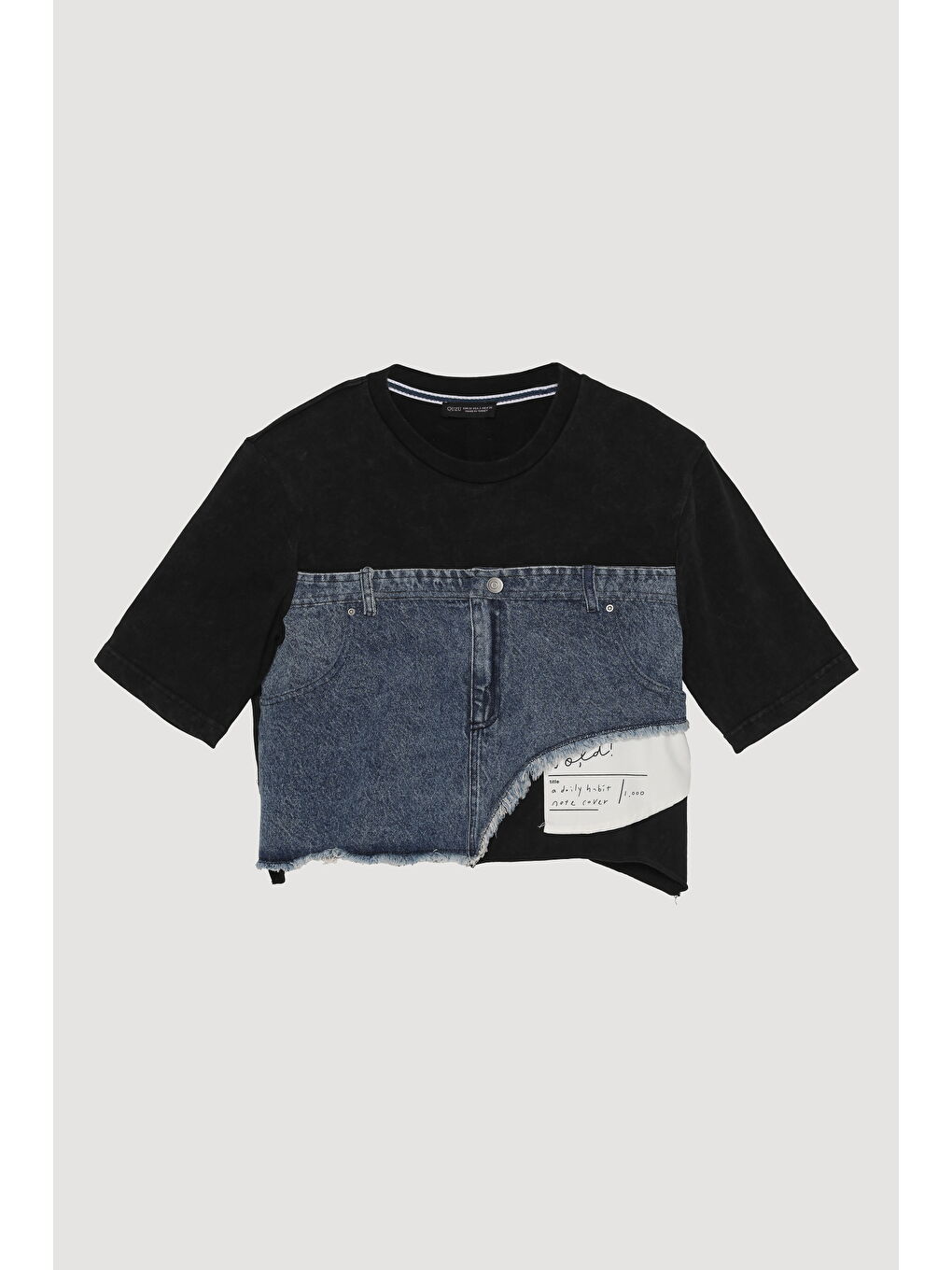 Denim Detaylı Püsküllü Crop Tişört Siyah