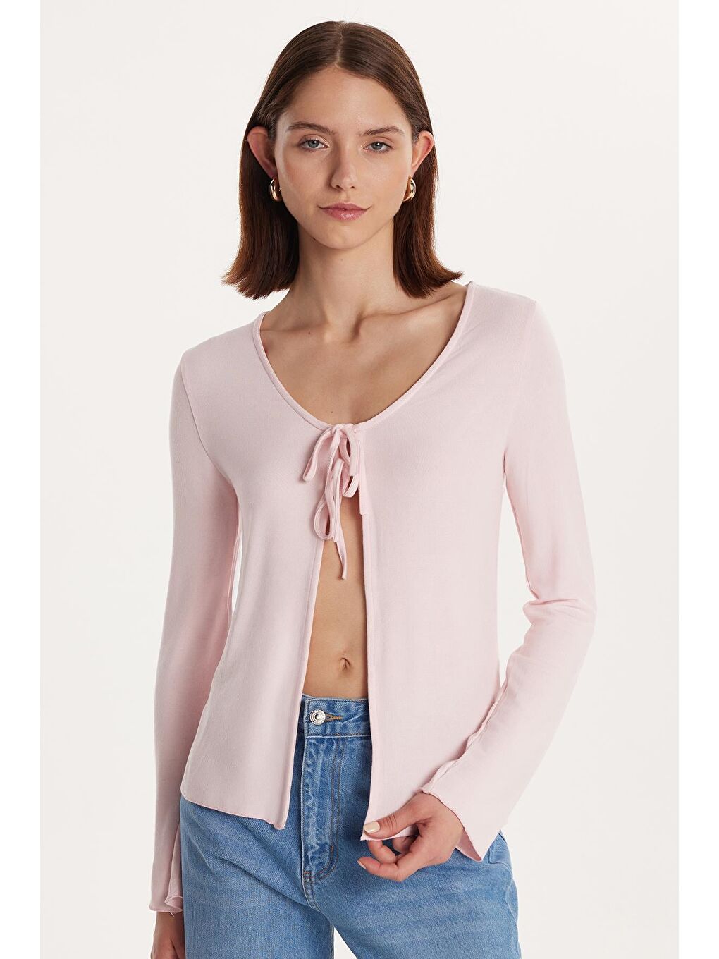 Kadın Regular Fit Uzun Kollu U Yaka Bağlama Detaylı Viskon Pembe Hırka-3