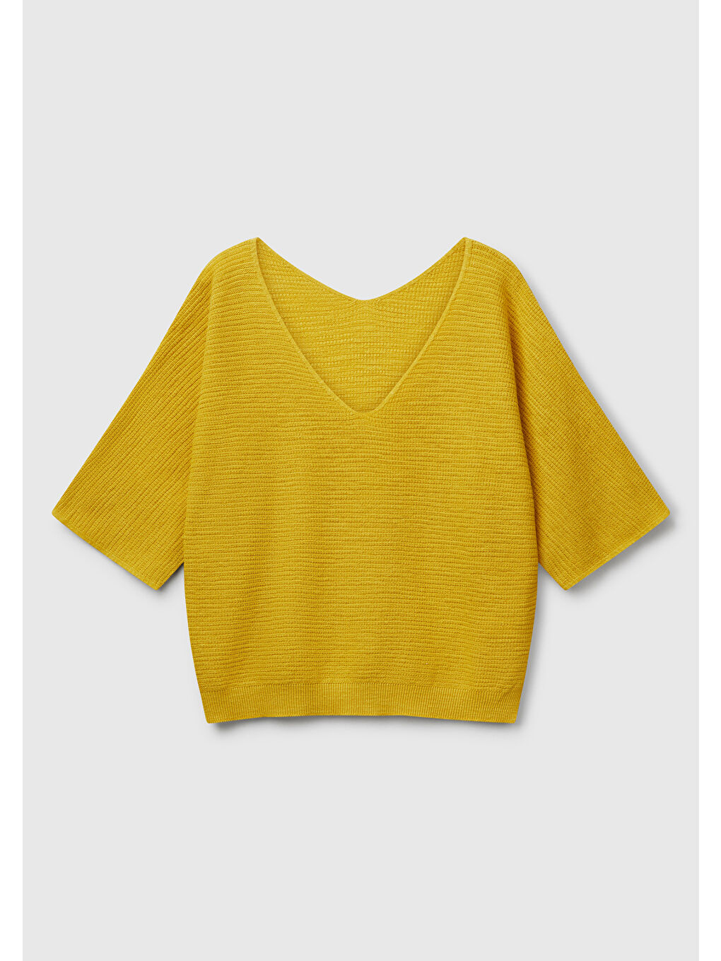 Kadın Sarı Pamuk ve Keten Karışımlı Çizgili Dikişsiz V Yaka Kolsuz Üst-1