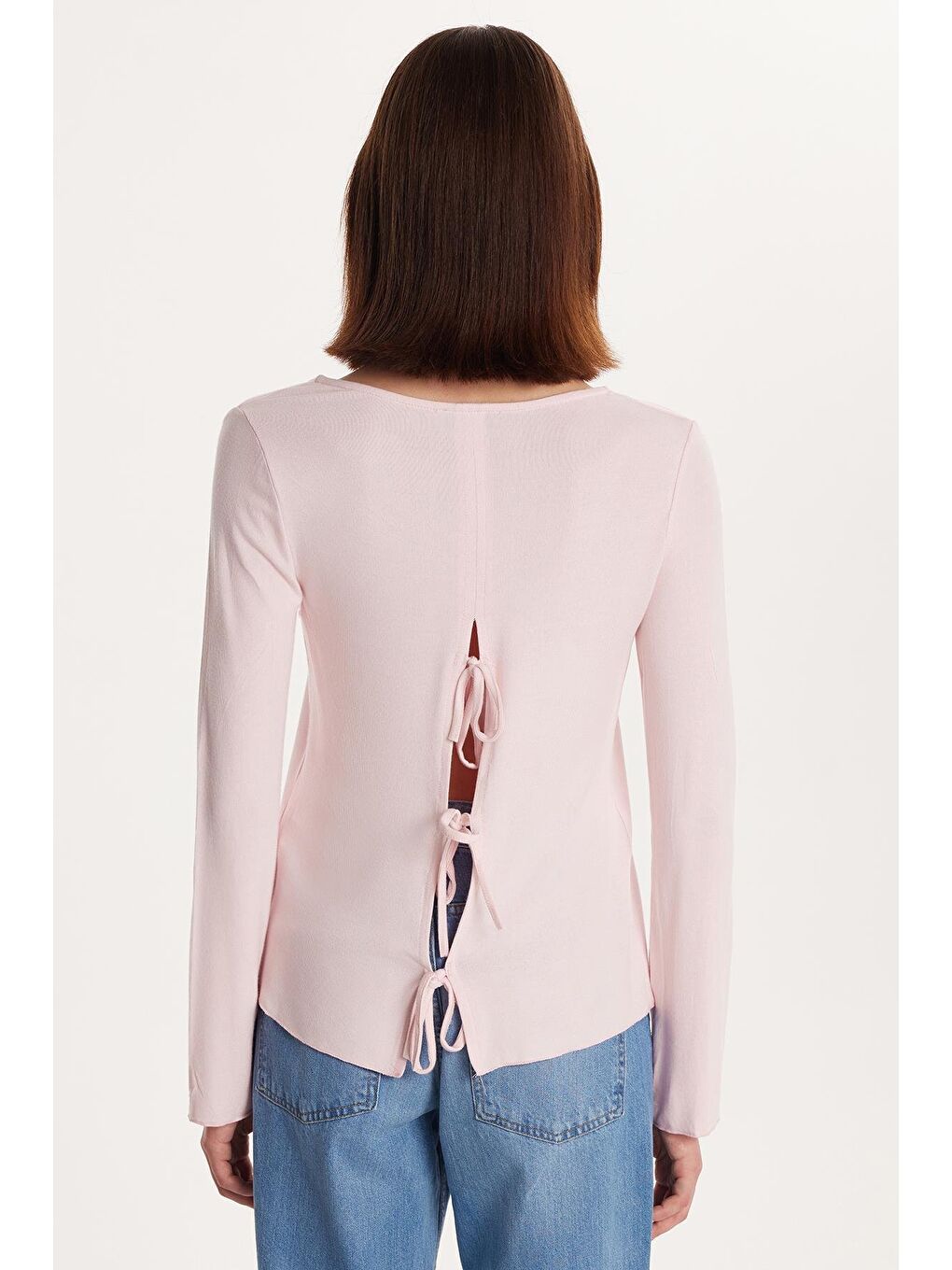 Kadın Regular Fit Uzun Kollu U Yaka Bağlama Detaylı Viskon Pembe Hırka-4