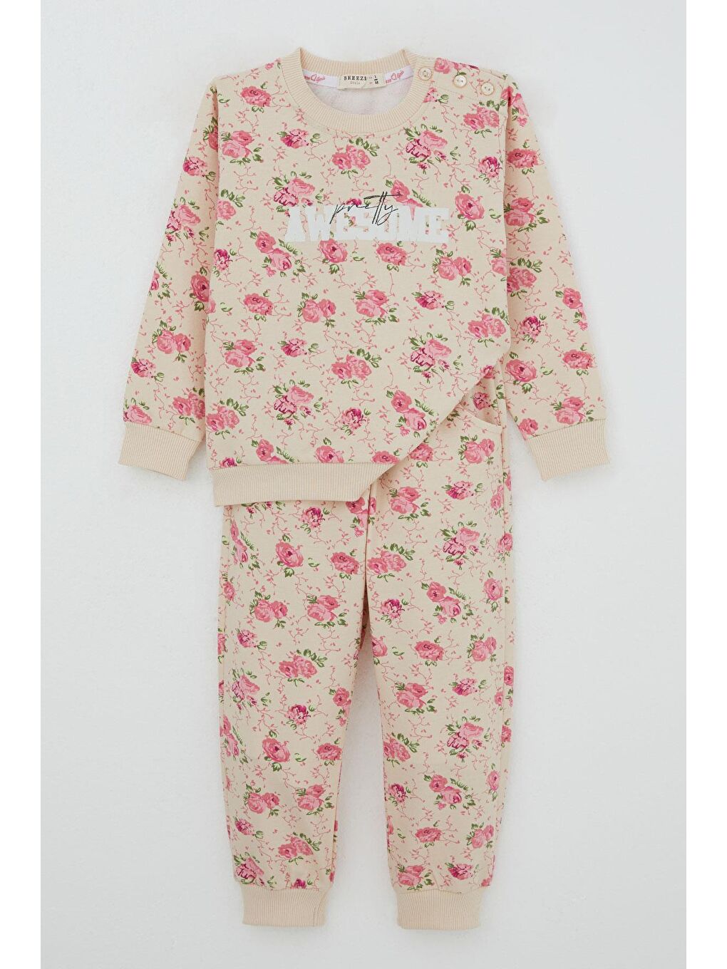 Kız Çocuk Eşofman Takım Çiçek Desenli Bej (1.5-5 Yaş)