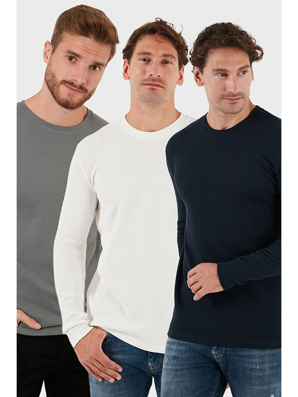 Haki Pamuklu Bisklet Yaka Slim Fit Basic 3'lü Paket Sweat 5905073S3