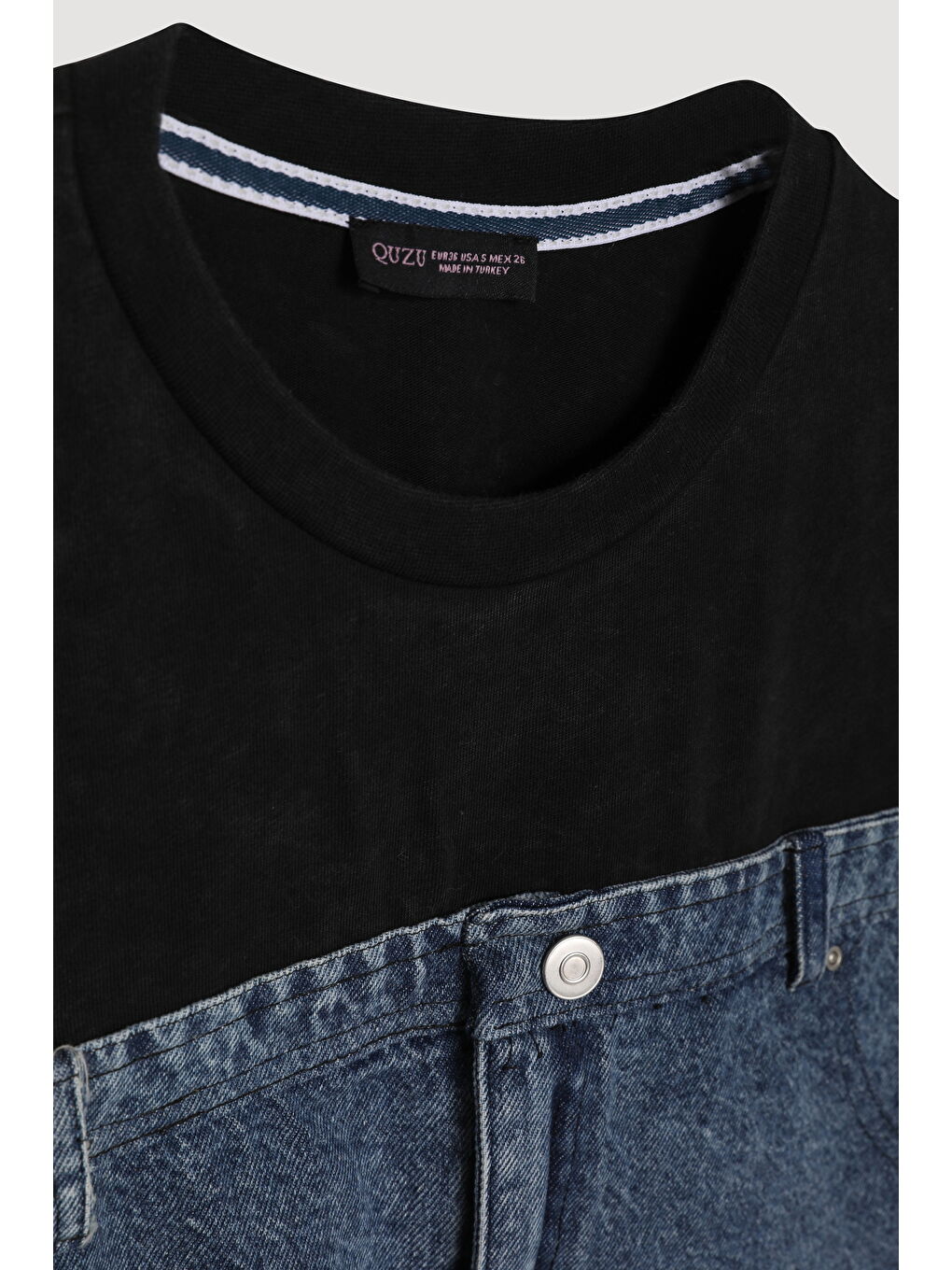 Denim Detaylı Püsküllü Crop Tişört Siyah-2