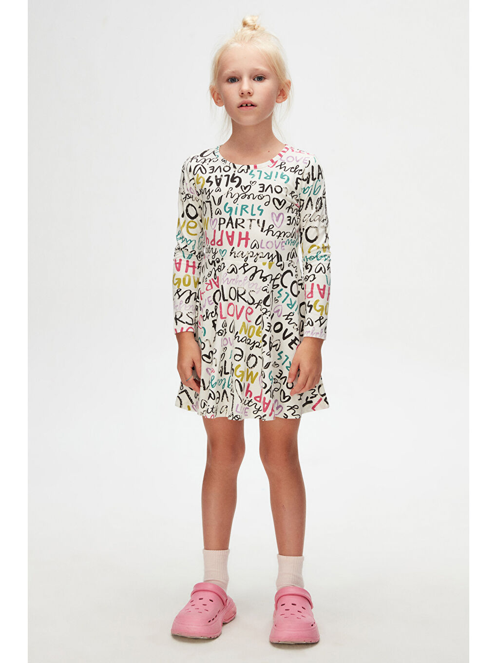 Ekru Kız Çocuk Glasgow Desen Uzun Kol Elbise