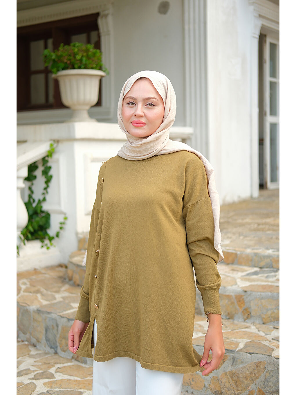 Kadın Ön Düğme Detay Tunik Koyu Yeşil-2