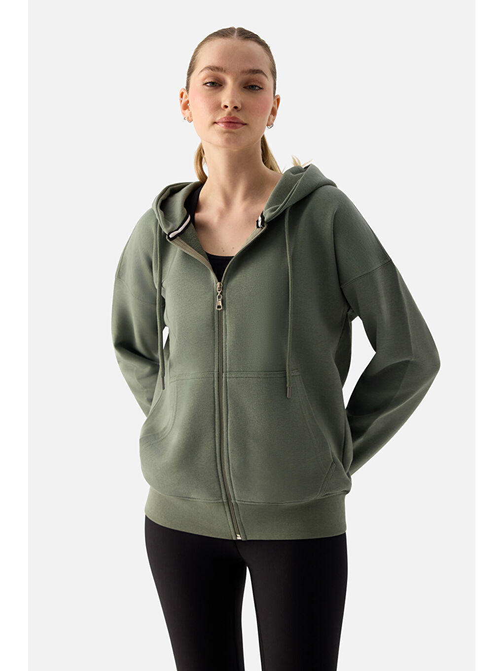 Luna Fermuarlı Kapüşonlu Haki Sweatshirt