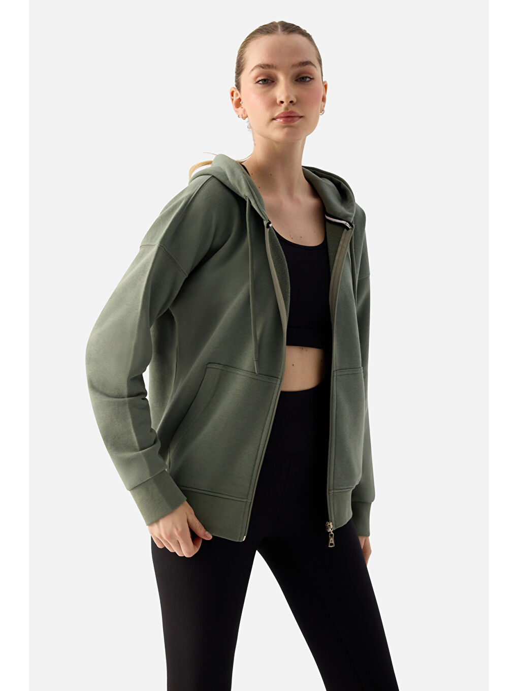 Luna Fermuarlı Kapüşonlu Haki Sweatshirt-1