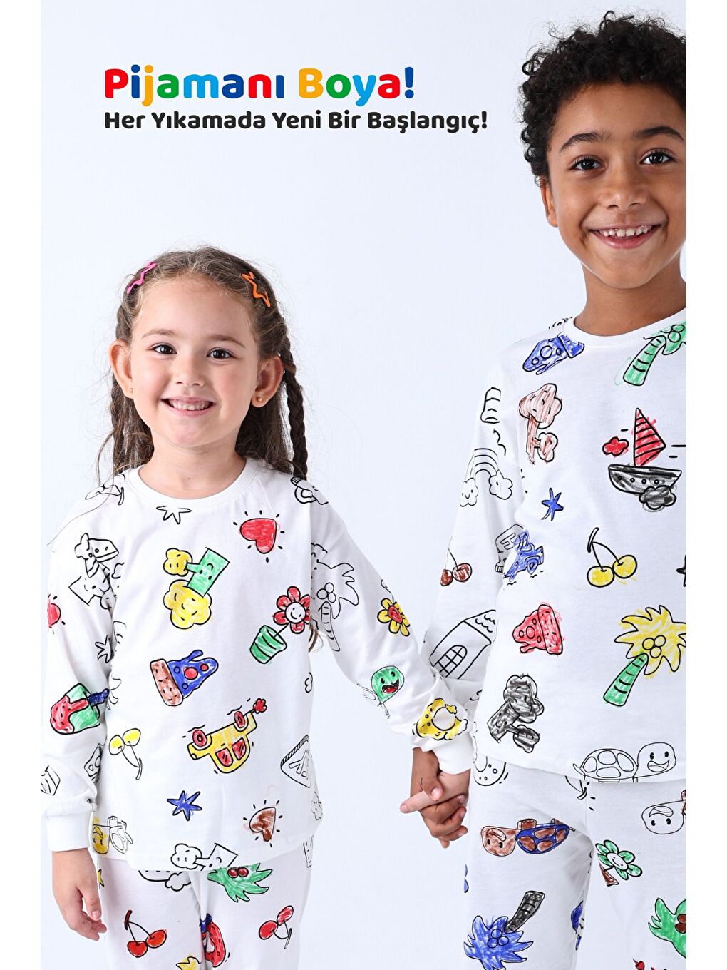 Beyaz En Sevimli Figürleri Özel Kalemi ile BOYANABİLİR Çocuk Pijama Takımı (Yıkama Sonrası Leke Bırakmaz)-3