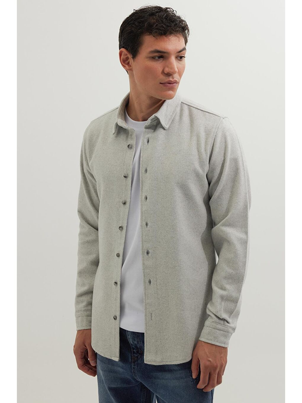 Erkek Slim Fit Dar Kesim Uzun Kollu Düz Kışlık Oduncu Gri Gömlek
