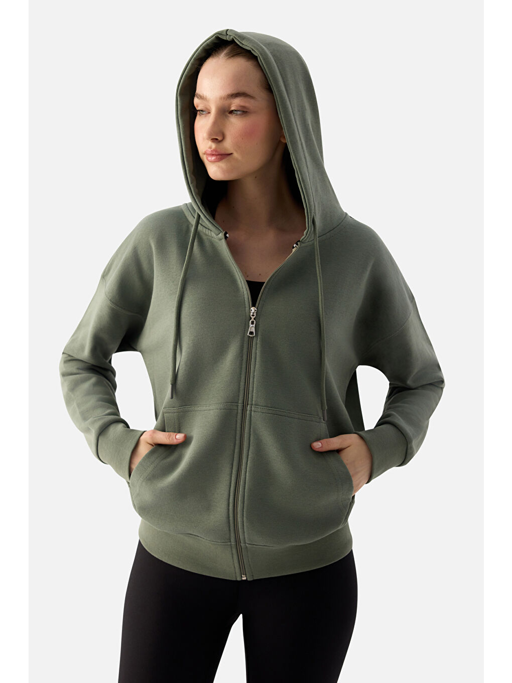 Luna Fermuarlı Kapüşonlu Haki Sweatshirt-2