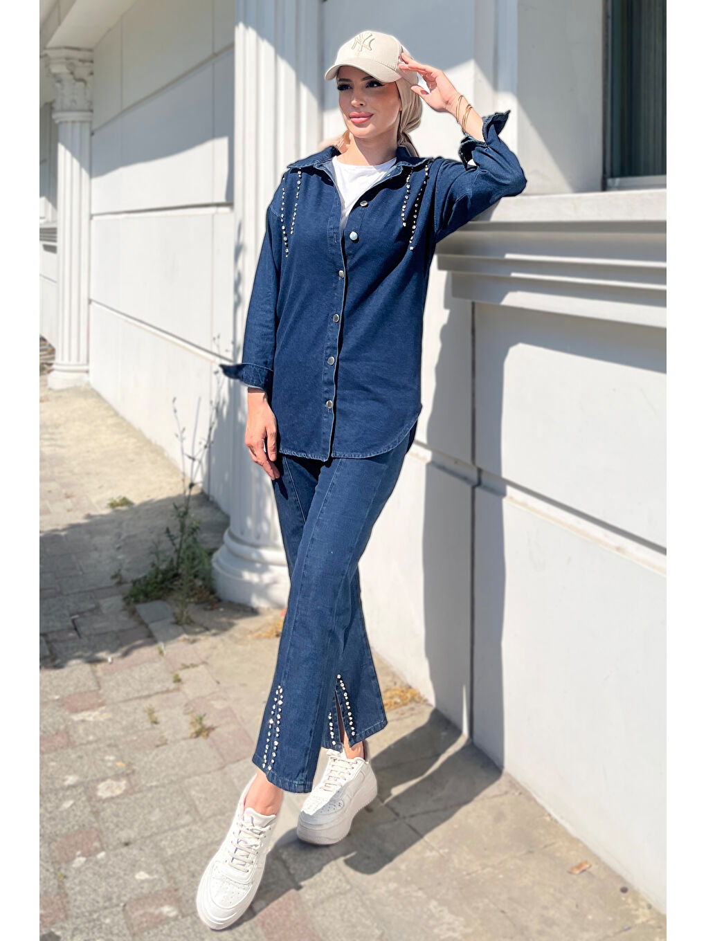 Taş Detaylı İkili Takım Koyu Mavi   25365-1