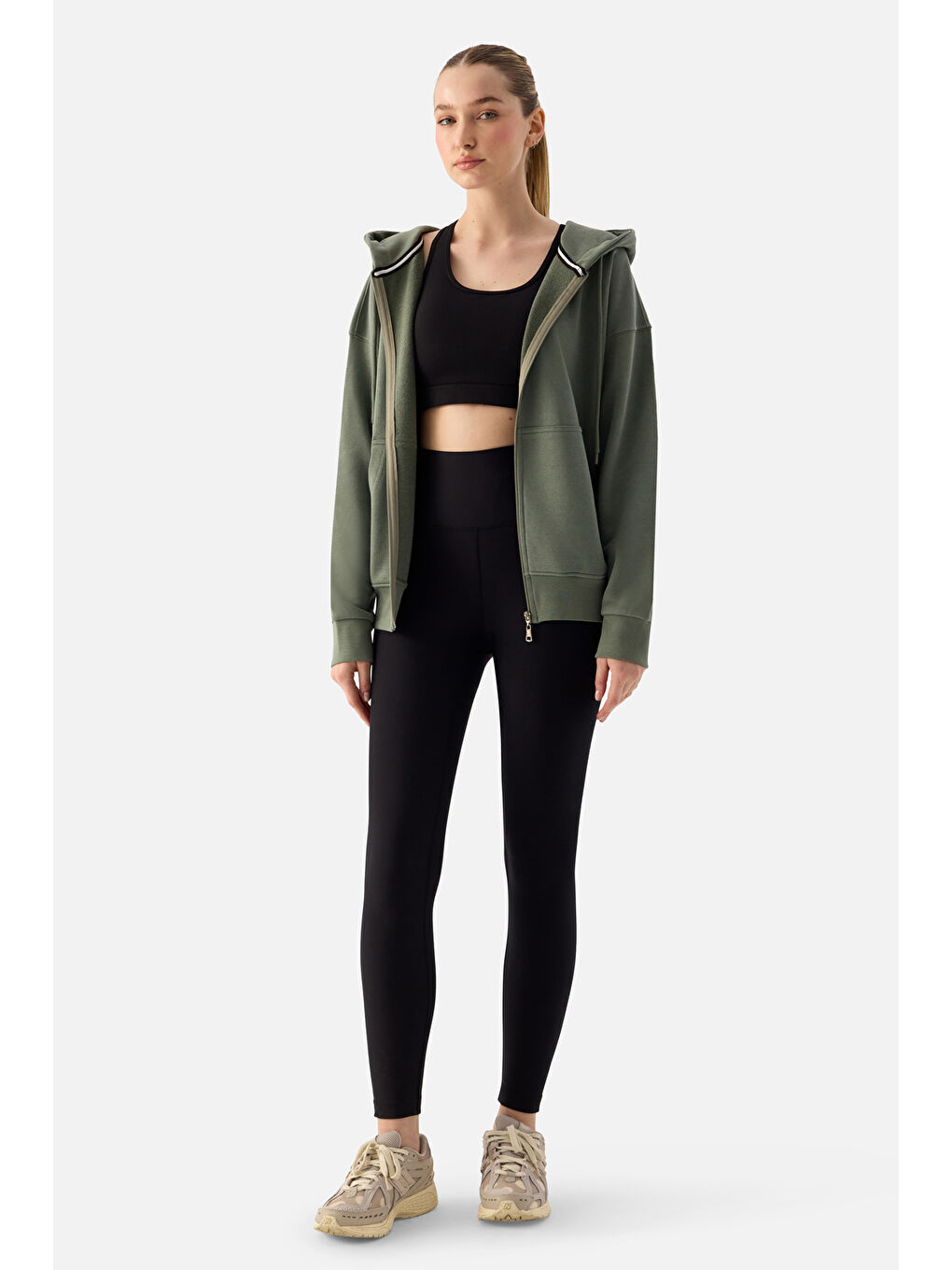 Luna Fermuarlı Kapüşonlu Haki Sweatshirt-4