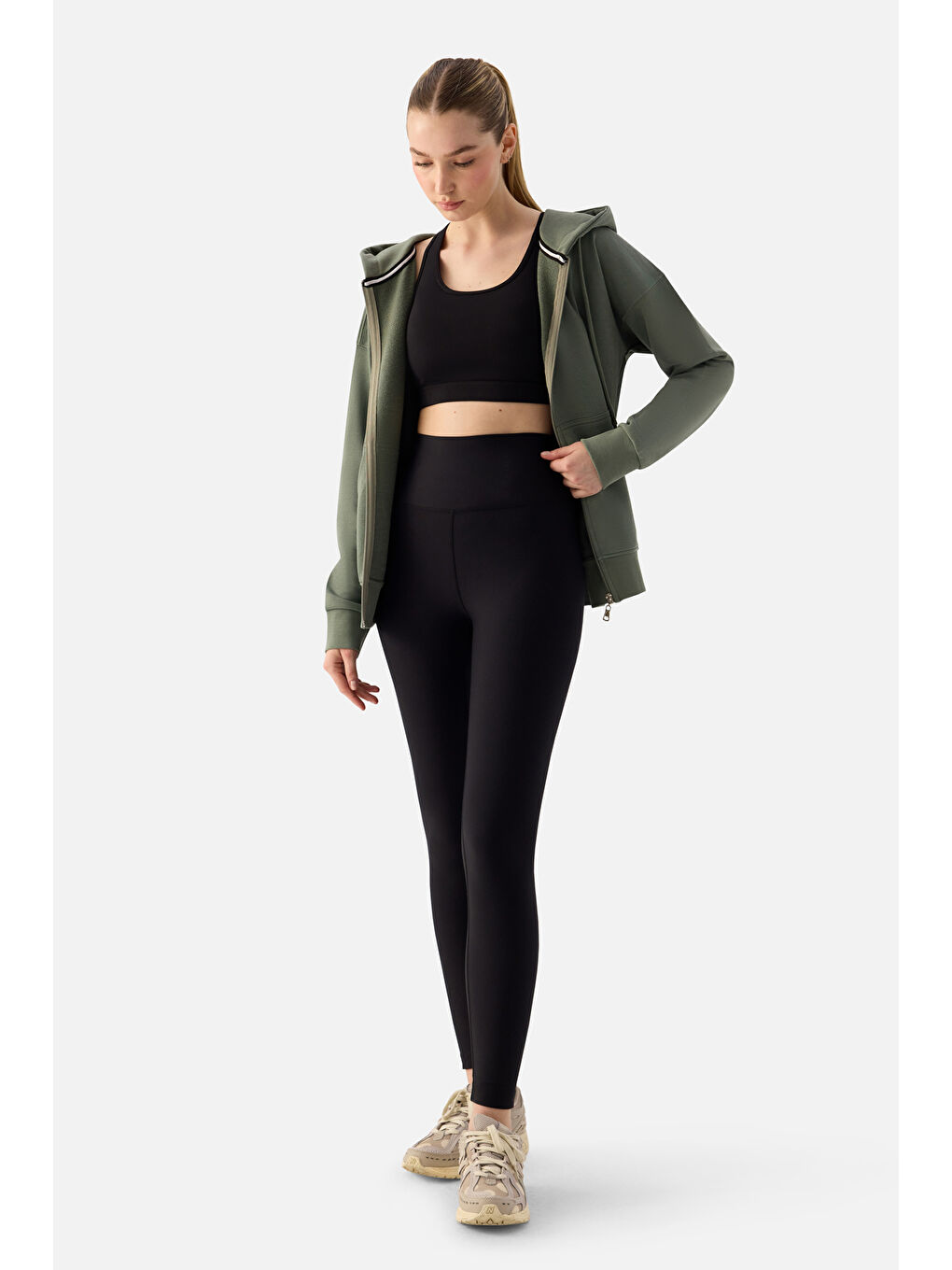 Luna Fermuarlı Kapüşonlu Haki Sweatshirt-5