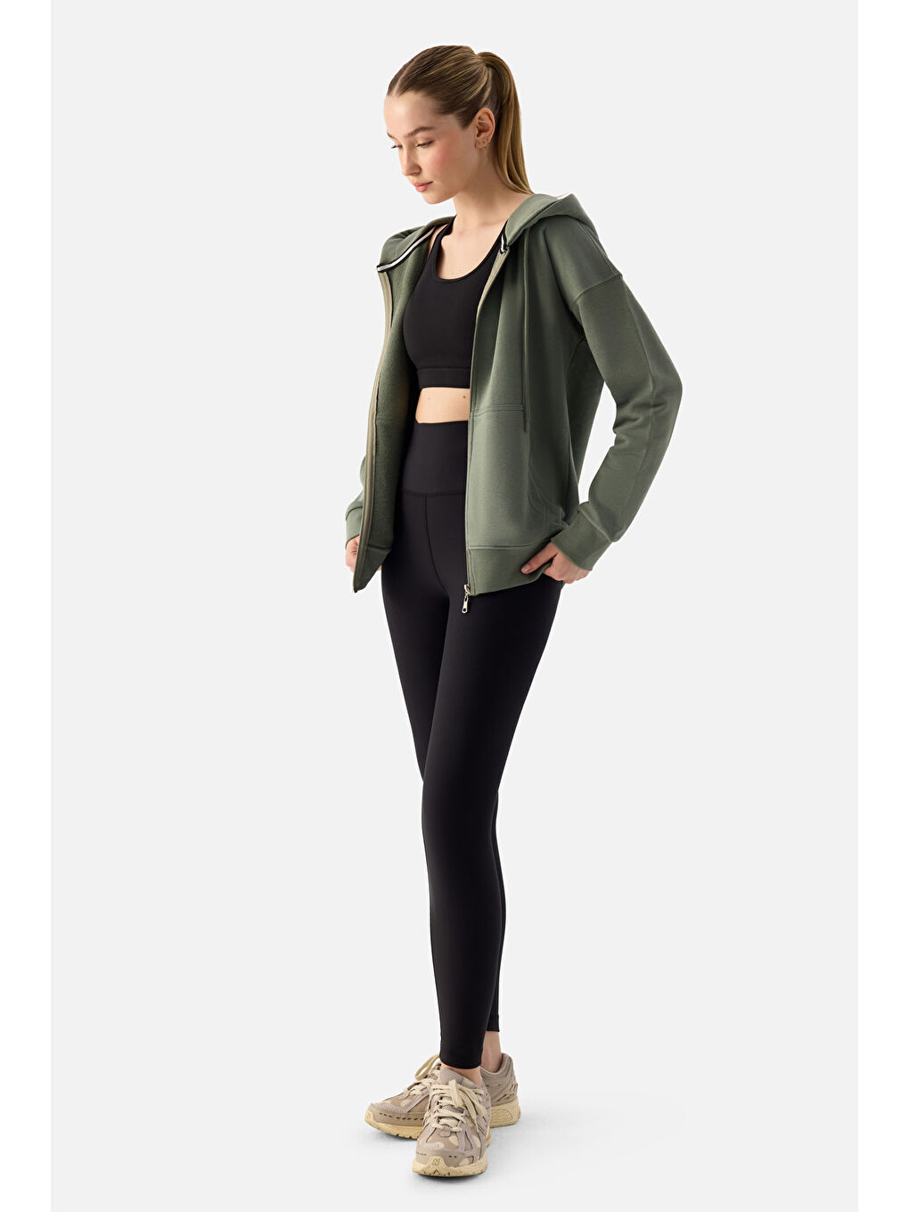 Luna Fermuarlı Kapüşonlu Haki Sweatshirt-6