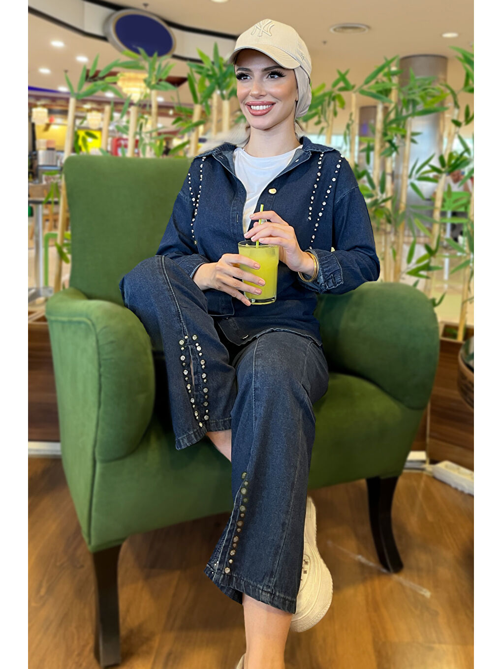 Taş Detaylı İkili Takım Koyu Mavi   25365-2