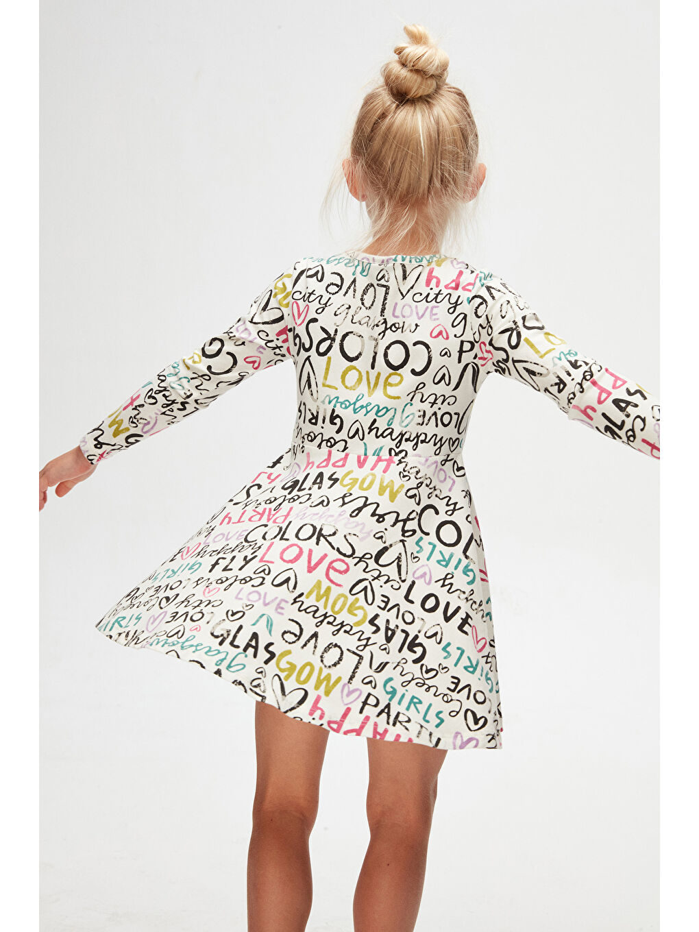 Ekru Kız Çocuk Glasgow Desen Uzun Kol Elbise-1