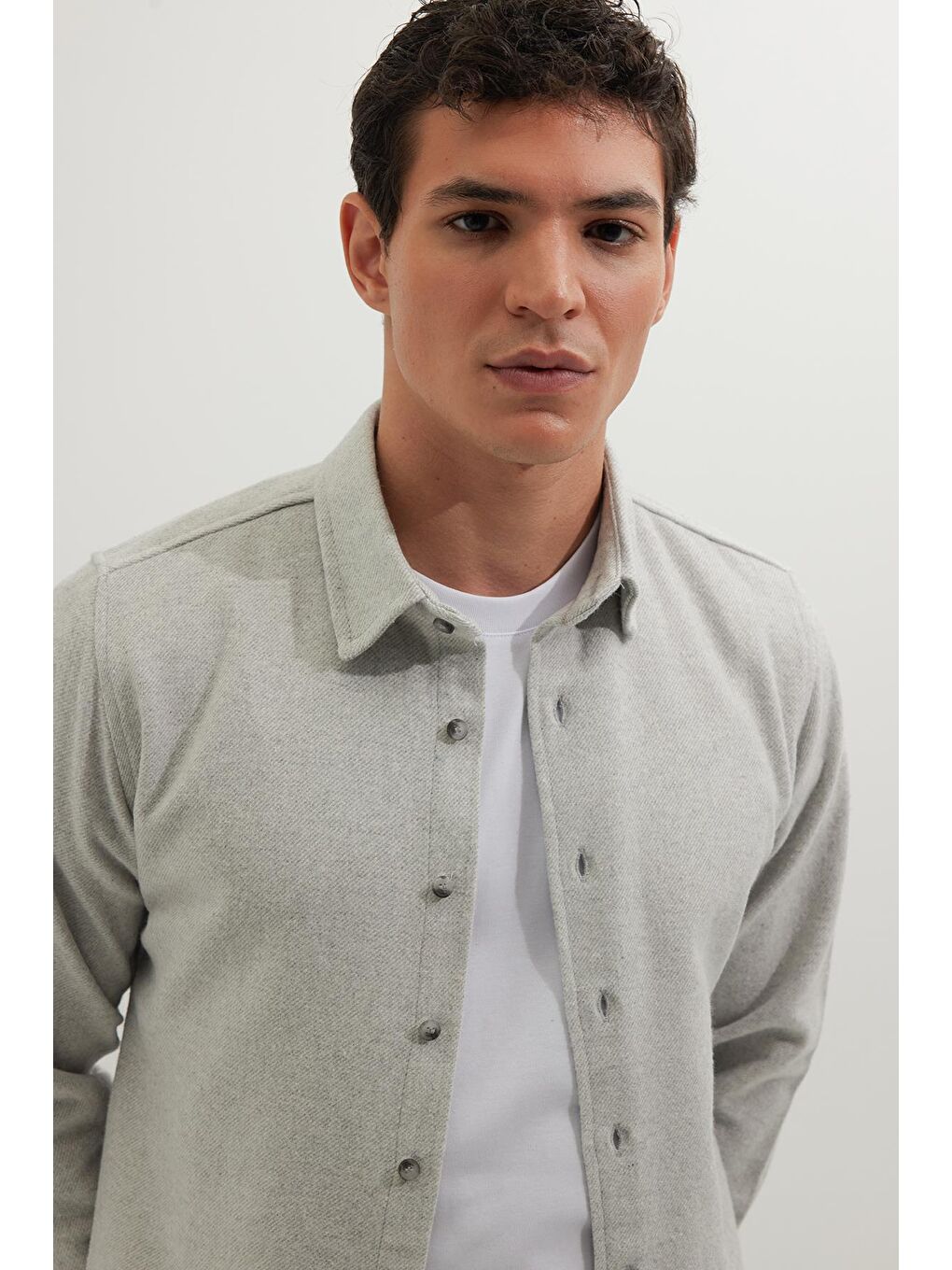 Erkek Slim Fit Dar Kesim Uzun Kollu Düz Kışlık Oduncu Gri Gömlek-1