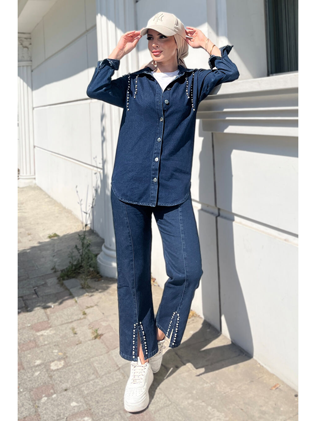 Taş Detaylı İkili Takım Koyu Mavi   25365-3