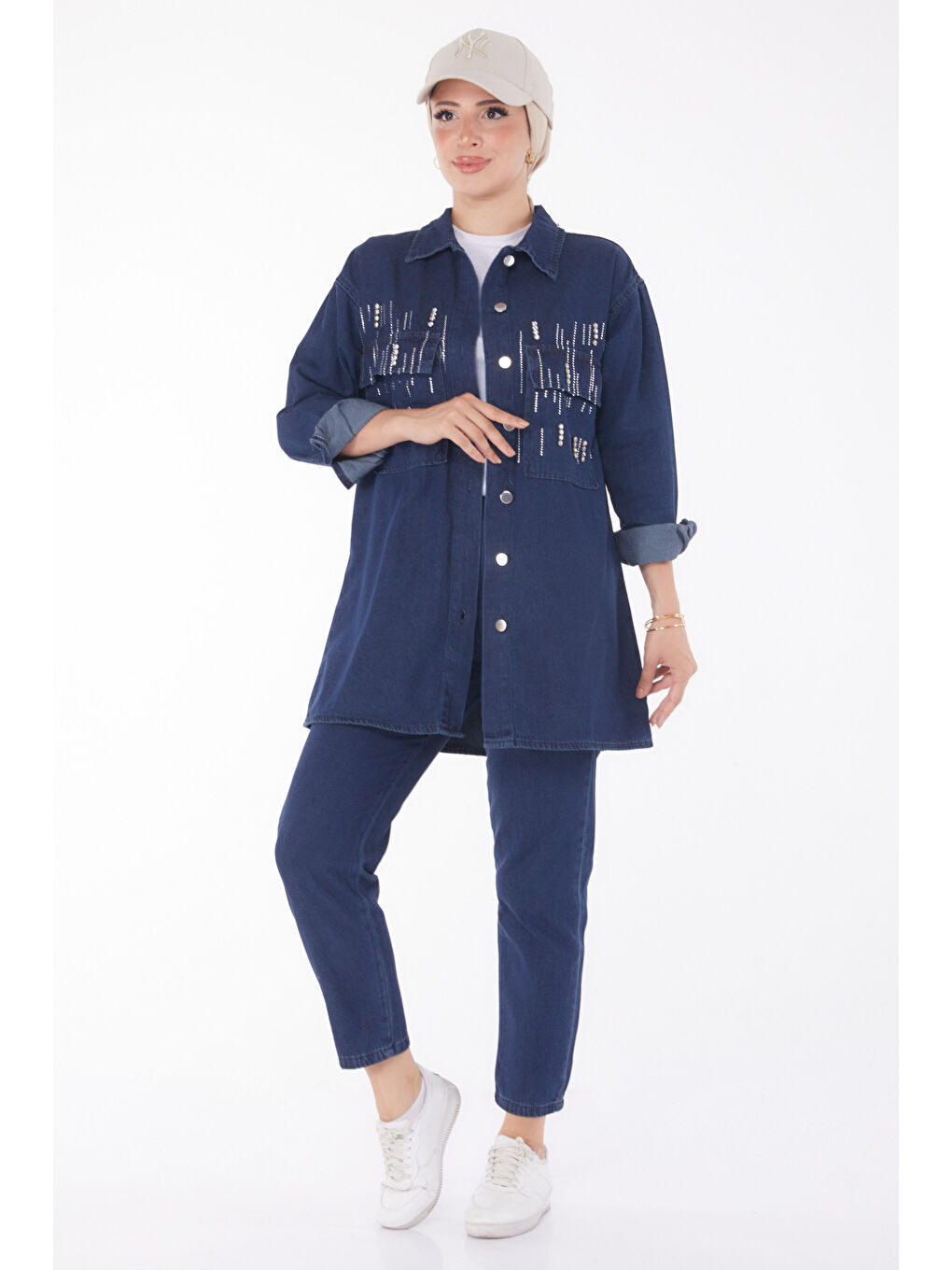 Taş Detaylı İkili Takım Koyu Mavi   25366