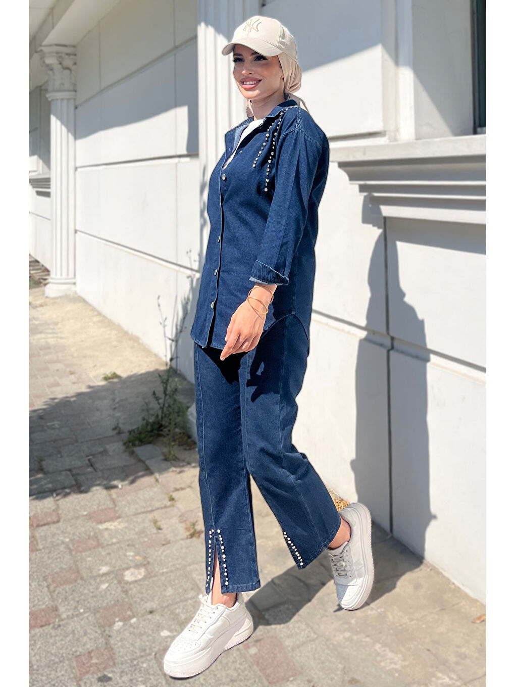 Taş Detaylı İkili Takım Koyu Mavi   25365-4