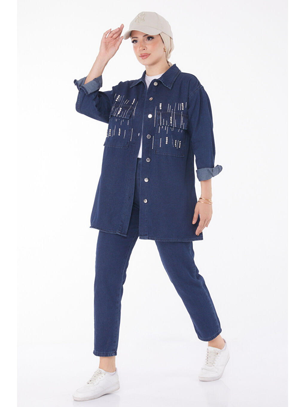 Taş Detaylı İkili Takım Koyu Mavi   25366-1