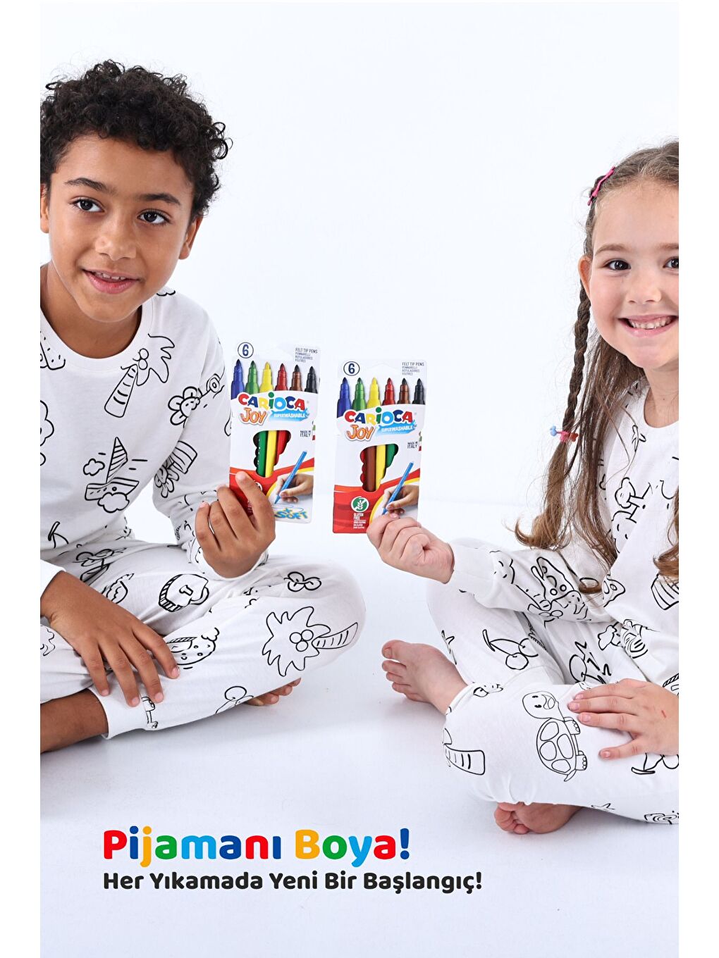 Beyaz En Sevimli Figürleri Özel Kalemi ile BOYANABİLİR Çocuk Pijama Takımı (Yıkama Sonrası Leke Bırakmaz)-6