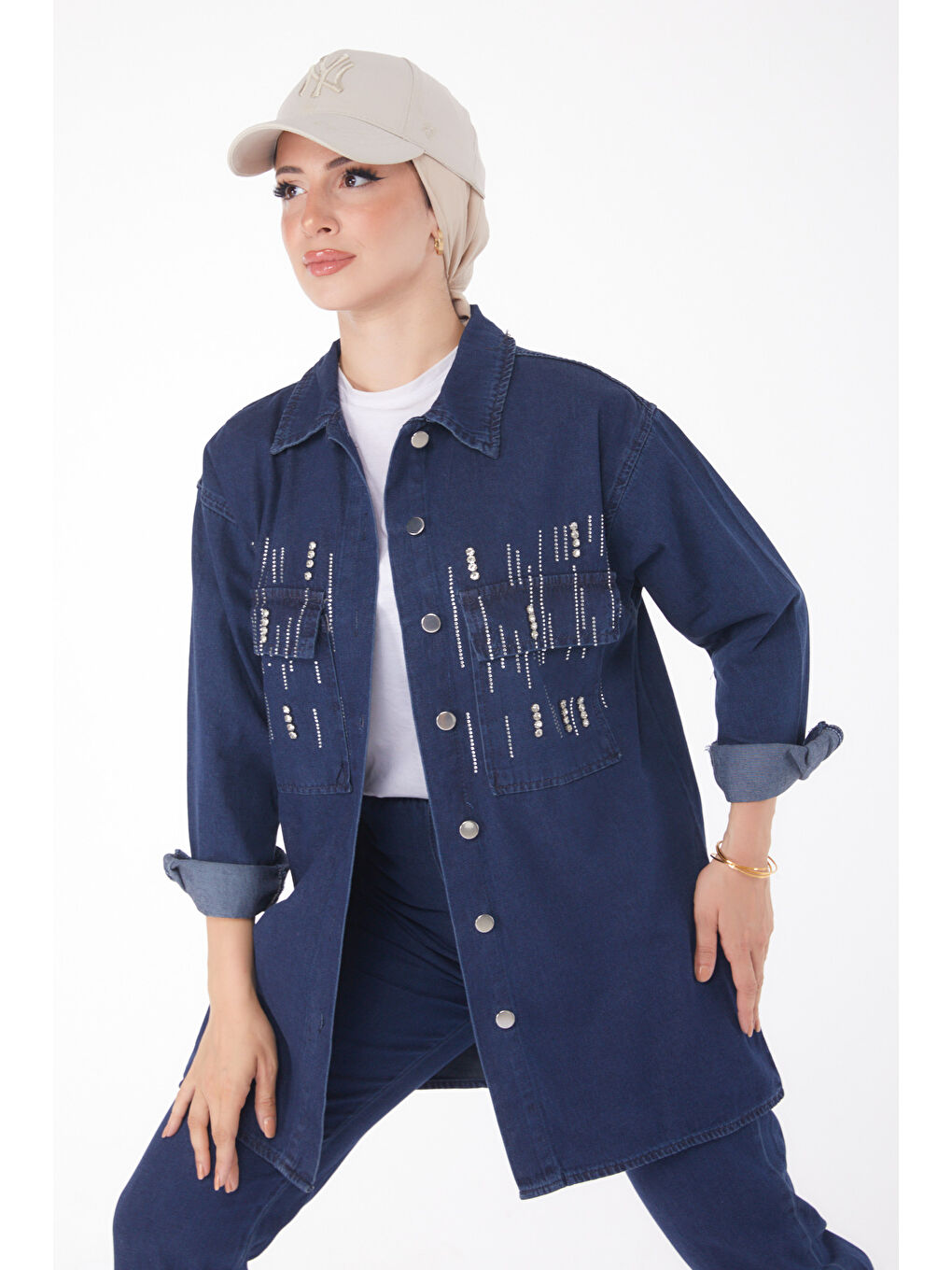 Taş Detaylı İkili Takım Koyu Mavi   25366-2