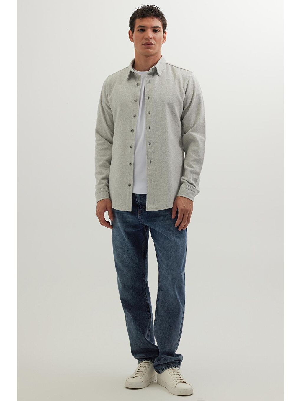 Erkek Slim Fit Dar Kesim Uzun Kollu Düz Kışlık Oduncu Gri Gömlek-3