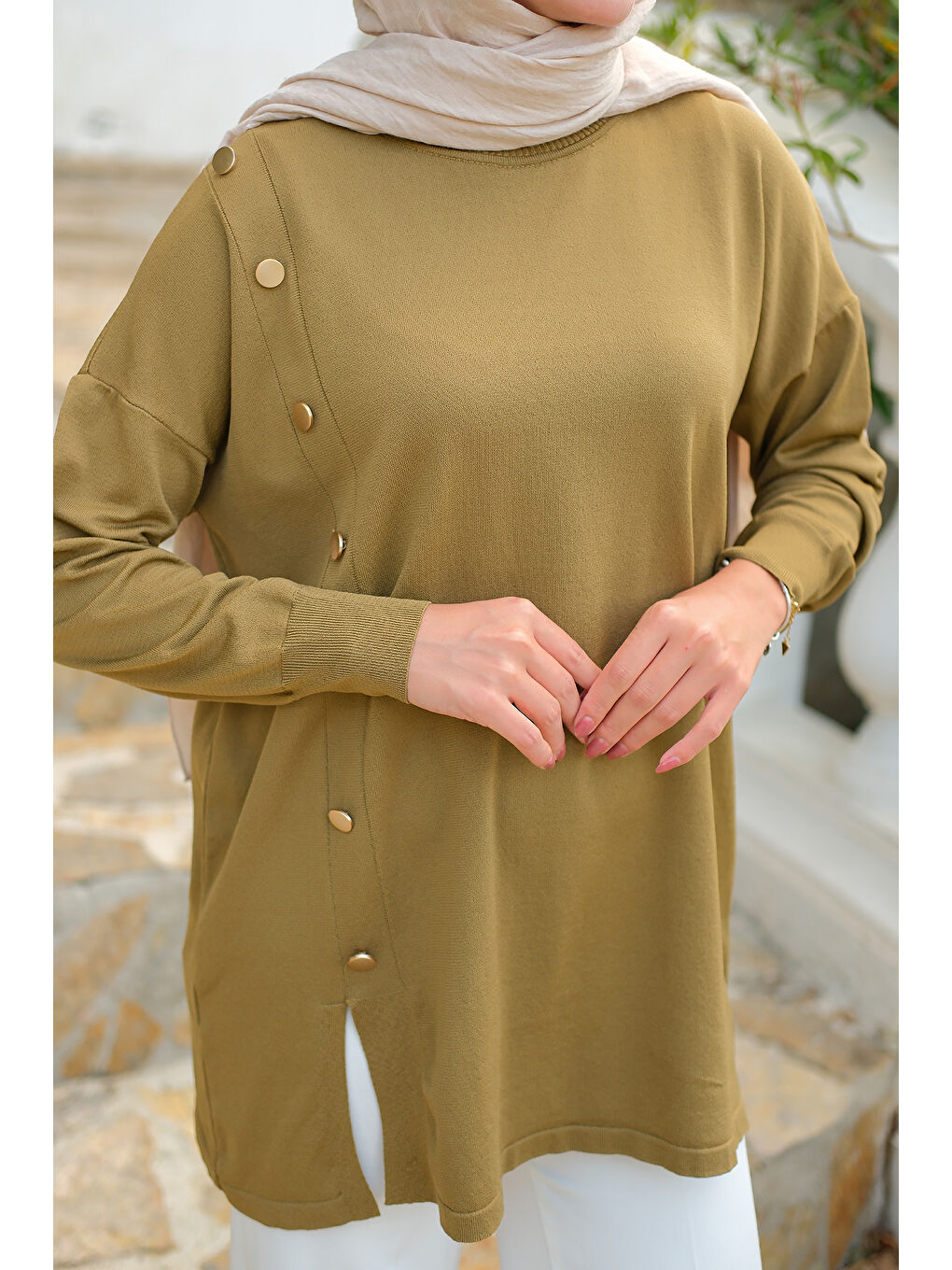 Kadın Ön Düğme Detay Tunik Koyu Yeşil-3