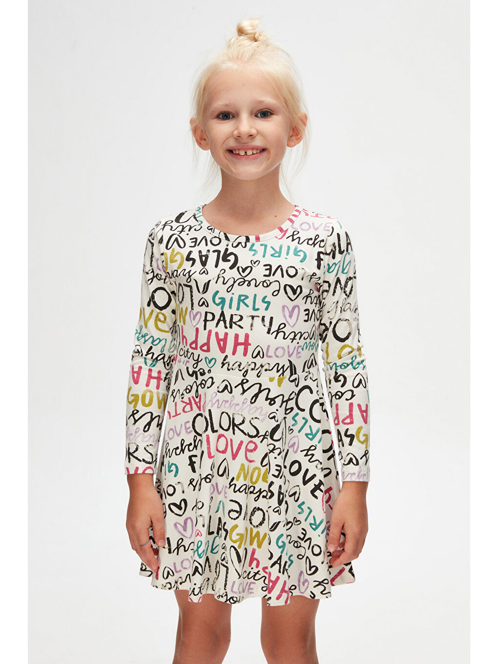 Ekru Kız Çocuk Glasgow Desen Uzun Kol Elbise-2